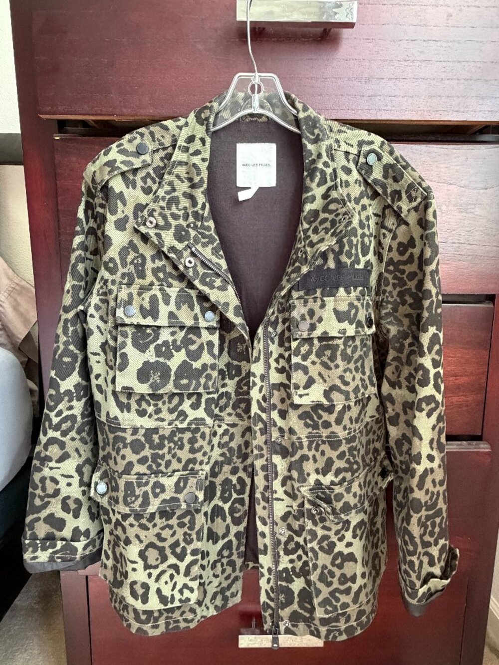 Avec Les Filles Olive Leopard Print Cotton Twill Utility Cargo Jacket